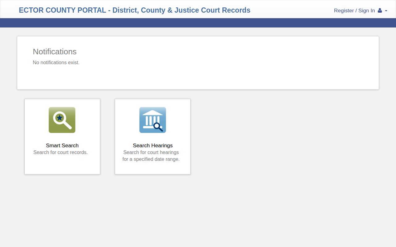 Ector County court Smart Search landing screen