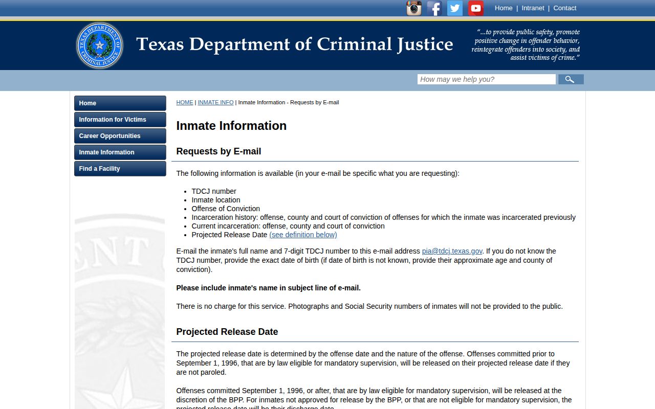 TDCJ email channel for Ector County release date information