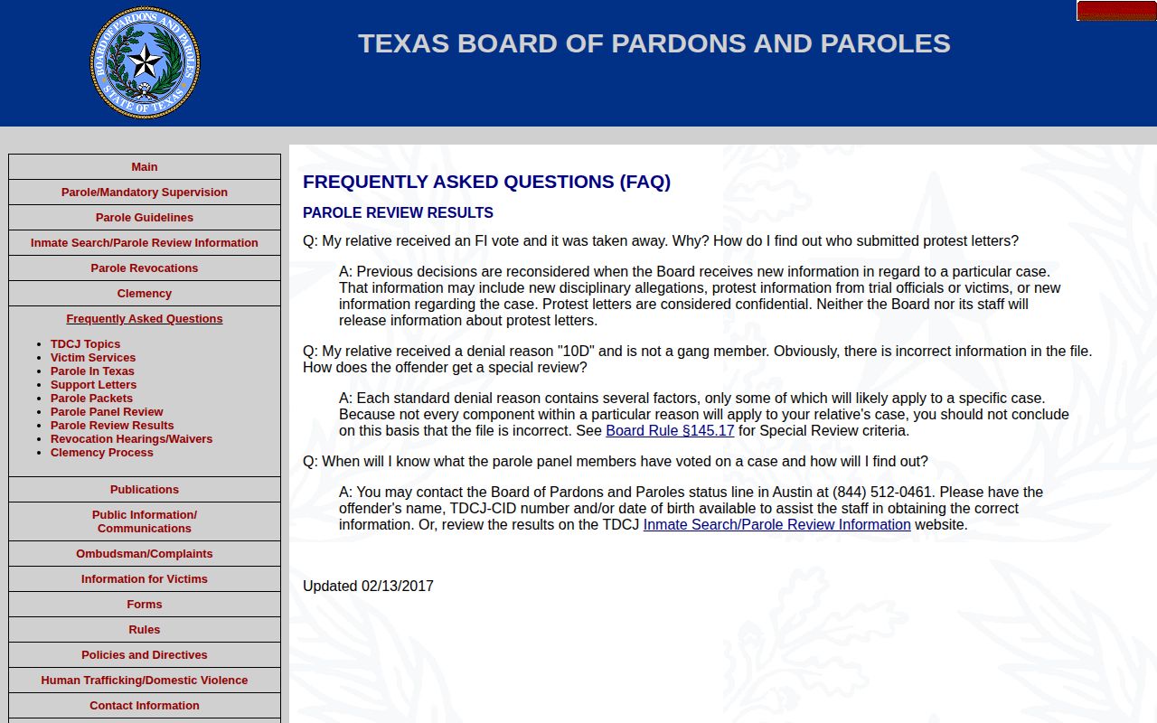 Texas parole review results and person-specific status route