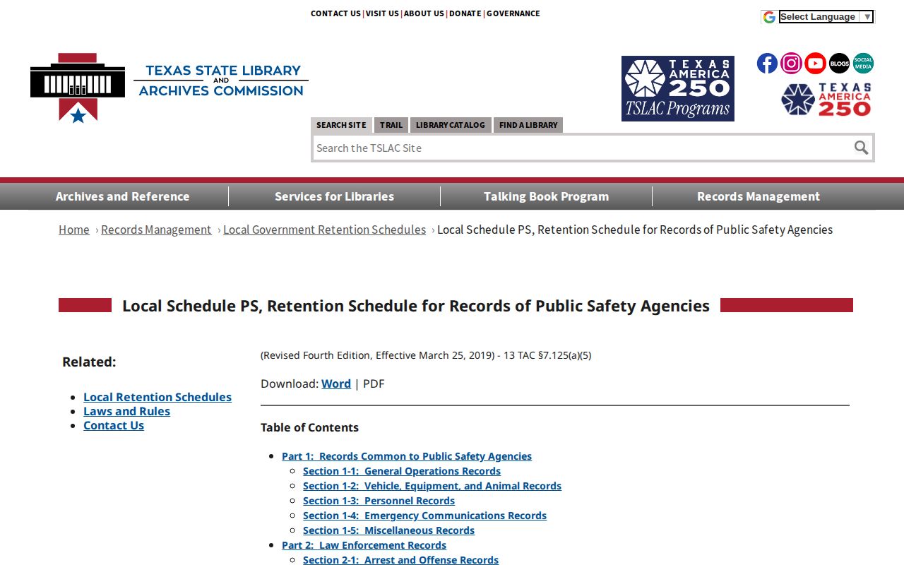 Texas retention schedule for Ector County 72-hour release records